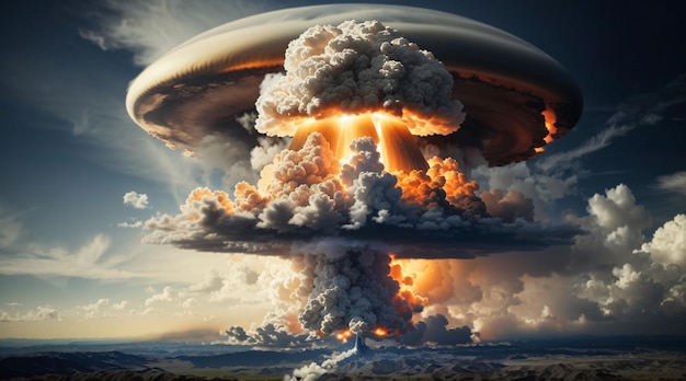 Nuclear bomb explosion over the city with mushroom cloud