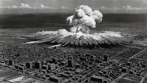 Nuclear bomb explosion nuclear tests destroyed city view from plane