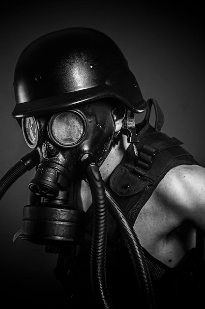 Nuclear disaster man with gas mask protection