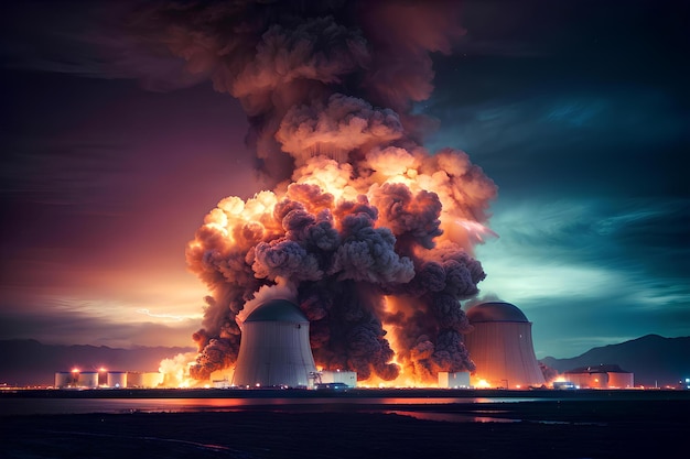 Nuclear explosion at atomic power plant in neon colors Environmental disaster