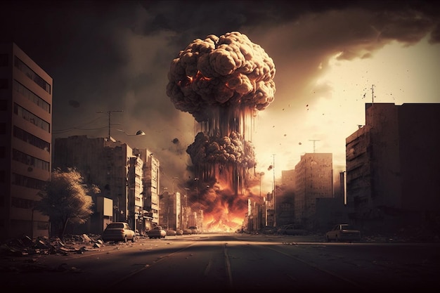 Nuclear explosion in the city war mushroom cloud Destructions dramatic apocalyptic scene catastrophe Bright flash The image was generated by ai artificial intelligence