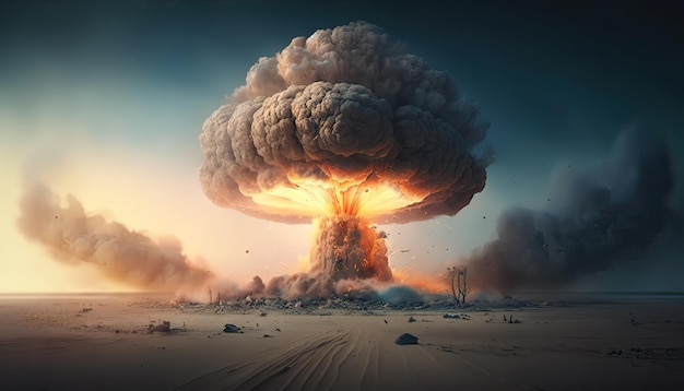 Nuclear explosion in the desert Nuke bomb mushroom radioactive cloud Generative AI