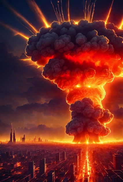 A nuclear explosion from an atomic bomb in the city The concept of nuclear war Generative AI