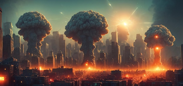 A nuclear explosion from an atomic bomb in the city The concept of nuclear war Generative AI