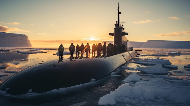 Nuclear Military Submarine Patrols Arctic Waters at Sunset