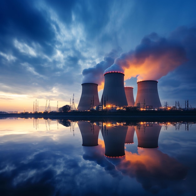 Nuclear power plant after sunset dusk landscape with big chimneys