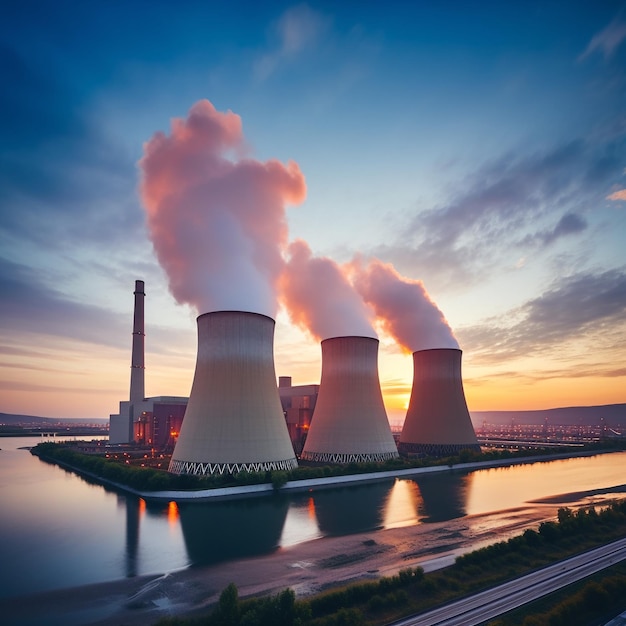 Nuclear power plant after sunset dusk landscape with big chimneys