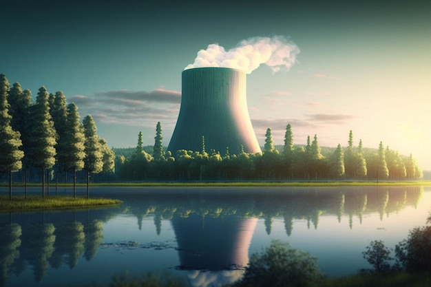 Nuclear power plant next to a body of water generative ai