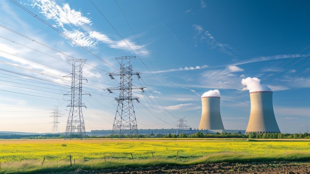 nuclear power plant with power lines in the background