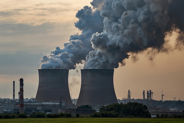 a nuclear power plant with smoke coming out of the top