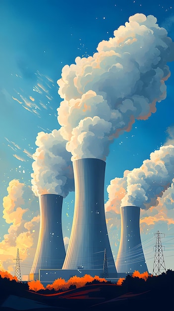 Photo nuclear power plant with steaming cooling towers against blue sky