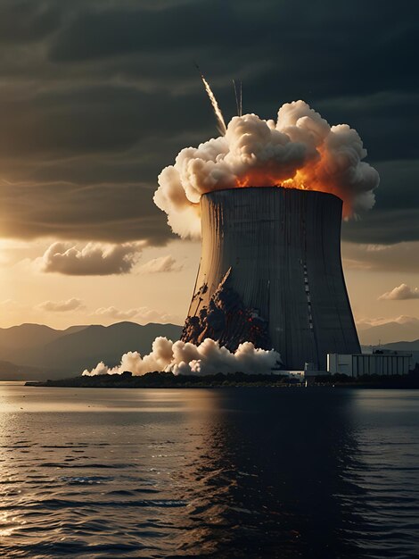 Photo a nuclear power plant with the sun setting behind it