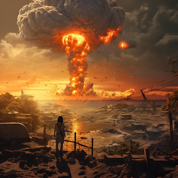 Nuclear war concept The explosion of nuclear bomb Creative art decoration in darkness A person's outline opposes the giant mushroom cloud of atomic explosion