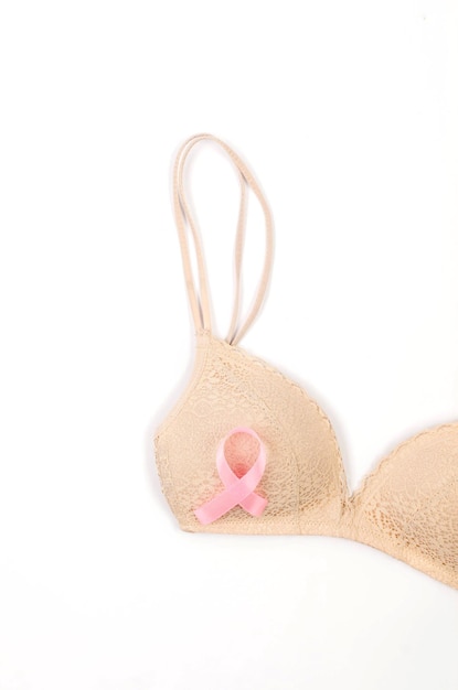 Nude brassiere with pink ribbon over Breast cancer concept