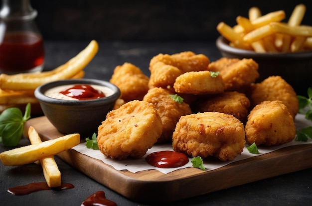 Nuggets with french fries and sauce