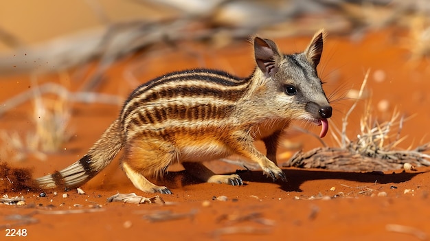 Numbat foraging for termites in the Australian outback its long tongue visible as it searches