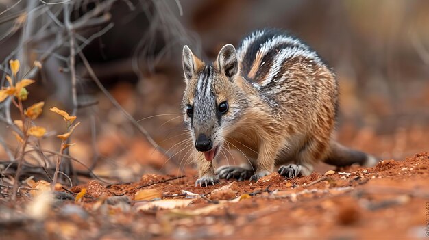 Photo numbat foraging for termites in the australian outback its long tongue visible as it searches