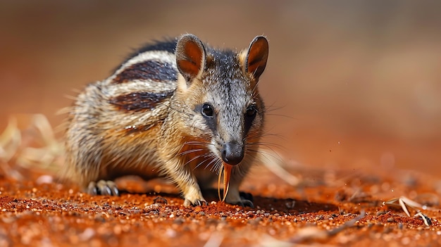 Numbat foraging for termites in the Australian outback its long tongue visible as it searches