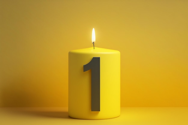 Number 1 birthday celebration candle in bright yellow background, empty Blank Space