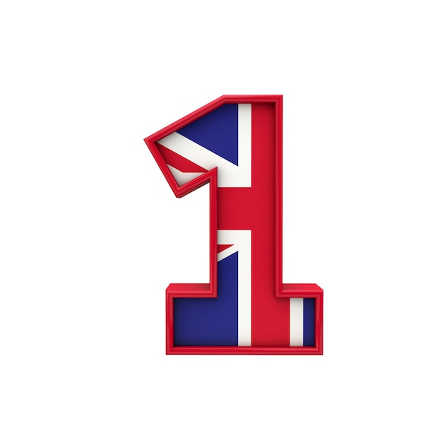 Number 1 Union Jack font Great Britain flag lettering 3D Rendering