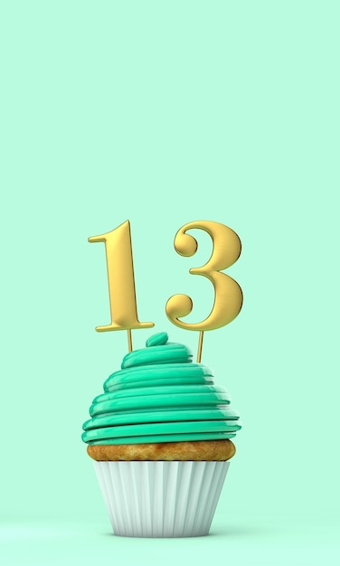 Number 13 mint green birthday celebration cupcake 3D Rendering