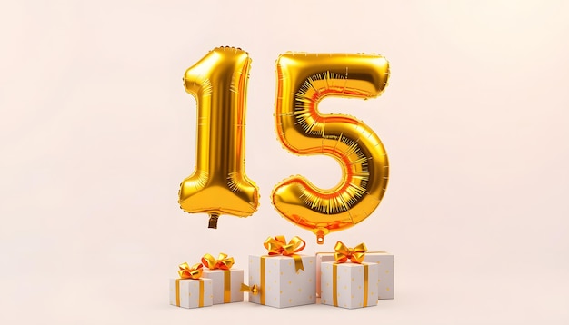 Number 15 birthday celebration gold foil helium balloon with presents 3D Render isolated with