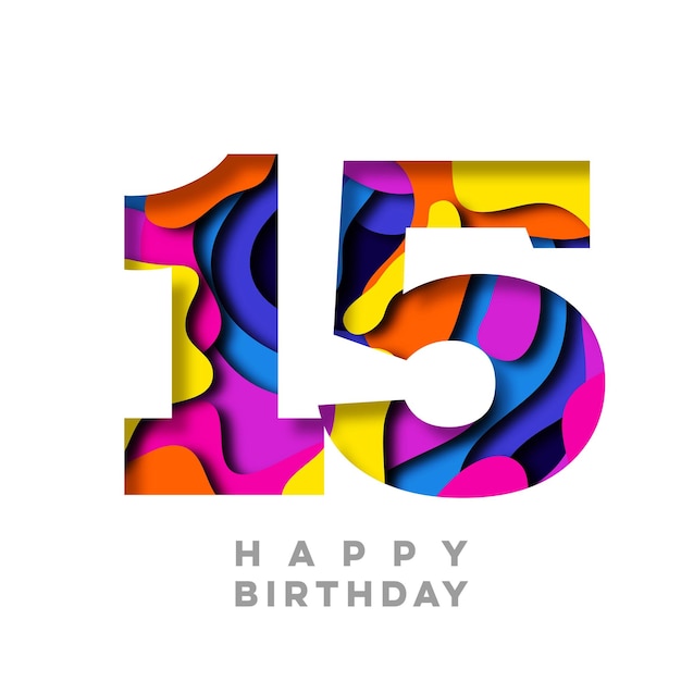 Number 15 Happy Birthday colorful paper cut out design