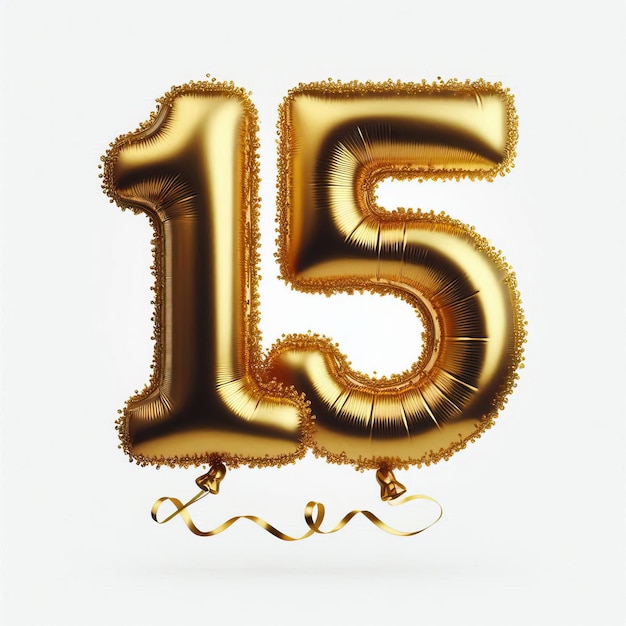 the number 15 is in gold and has a gold ribbon around it