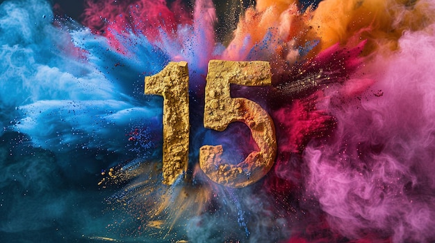 Photo the number 15 is a gold number that is being sprayed with purple and blue colored powder