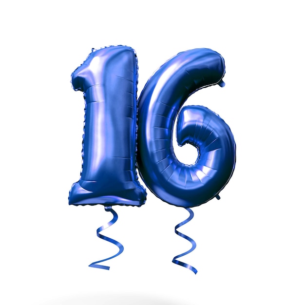 Number 16 blue foil helium balloon isolated on a white background 3D Render