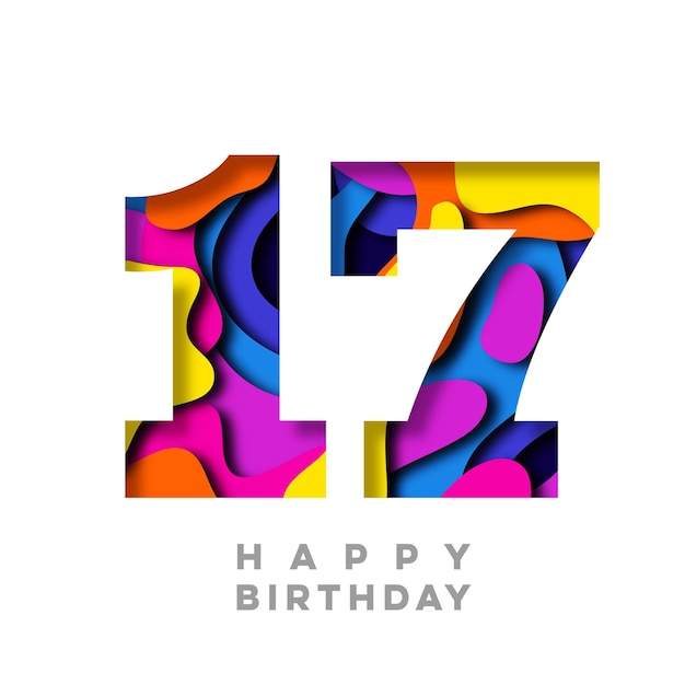 Number 17 Happy Birthday colorful paper cut out design