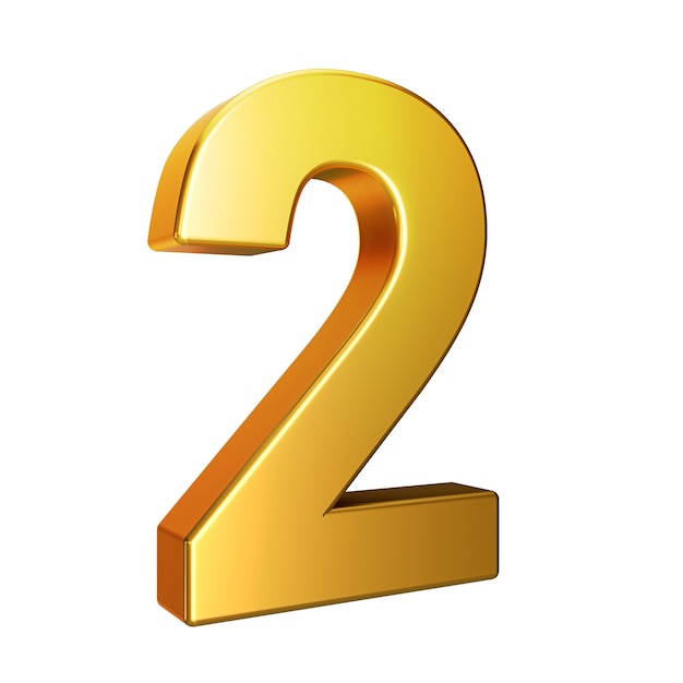 Number 2, Alphabet. Golden 3d number isolated on a white background with Clipping Path. 3d illustration.