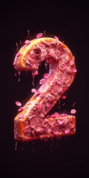 Number 2 typography using pink pizza style on black background generative AI