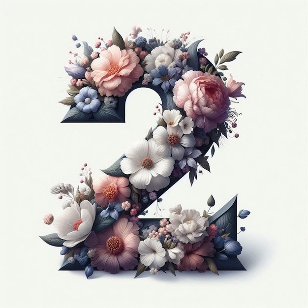 Number 2 with flower elements flower made of flower View of 3d letter