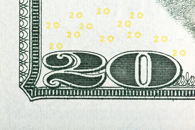 Photo number 20 fragment of us 20 banknote extreme macro photo