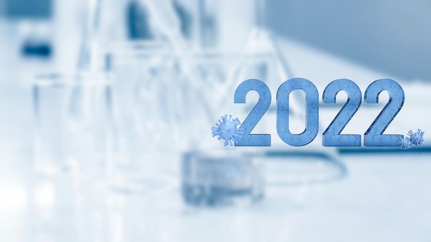 The number 2022 and virus on lab background  for sci concept 3d rendering