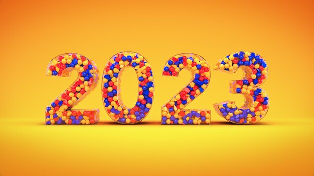 Number 2023 formed by small balls of different diameters and colors. Concept Happy New Year 2023.