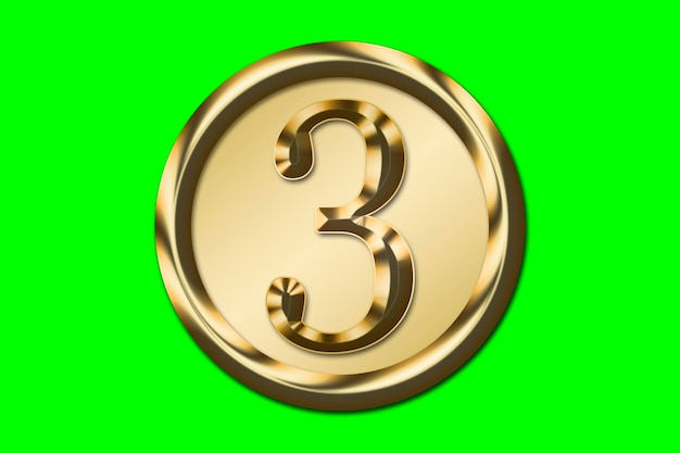 Number 3 in gold in a golden circle on a green background Graphic resource concept