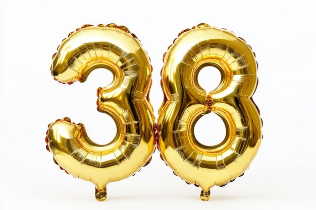 Photo number 38 golden inflatable foil balloons bright party decoration thirty eight years on white background