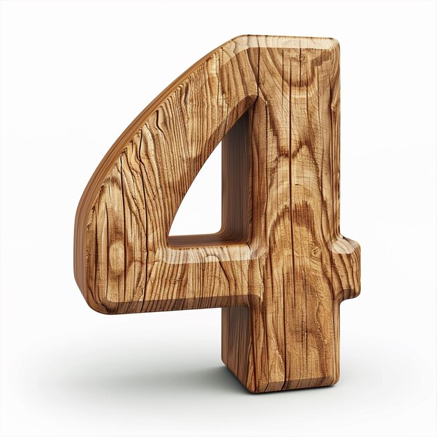 Number 4 English font Bold wooden color 3D white background typography