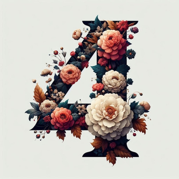 Number 4 with flower elements flower made of flower View of 3d letter