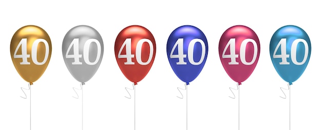 Number 40 birthday balloons collection gold silver red blue pink 3D Rendering