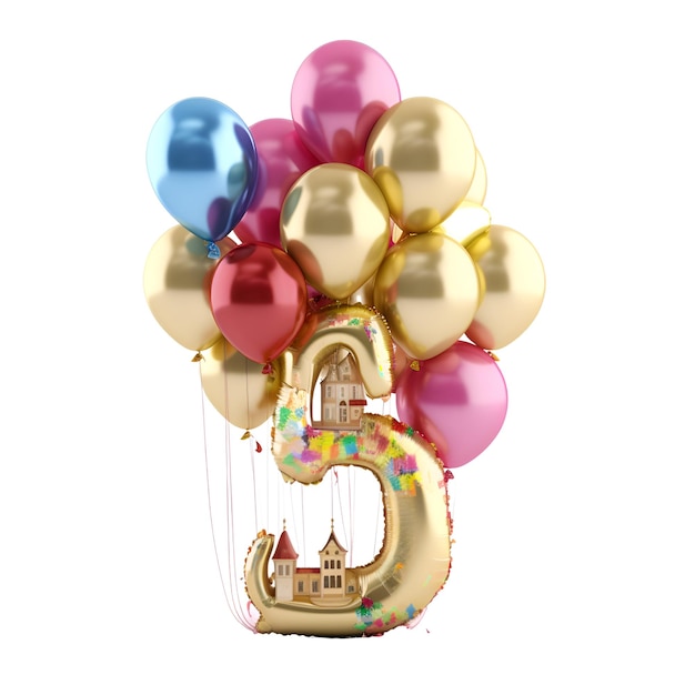 Number 5 birthday celebration balloon with golden and pink balloons 3D Render