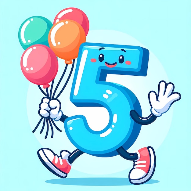 Number 5 character holding ballons for kids