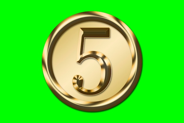 Number 5 in gold in a golden circle on a green background Graphic resource concept