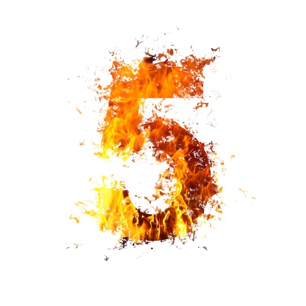 Number 5, made with fire flames isolated on white. Fire flame font of full alphabet set of upper case letters.