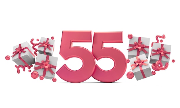 Number 55 pink birthday celebration number with gift boxes 3D Rendering