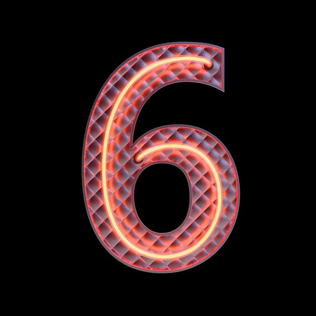 Number 6, Alphabet. Neon retro 3d number isolated on a black background with Clipping Path. 3d illustration.