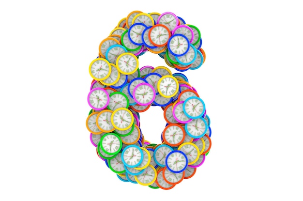 Number 6 from colored wall clocks 3D rendering isolated on white background