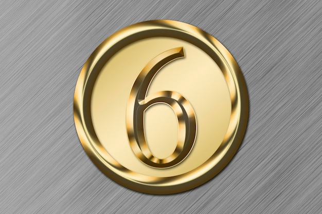 Number 6 in gold in a golden circle on a Metalic background Graphic resource concept